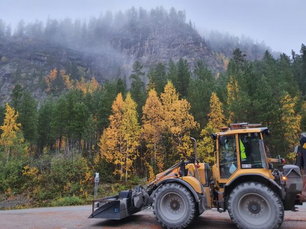 Traktor med skog i bakgrunden